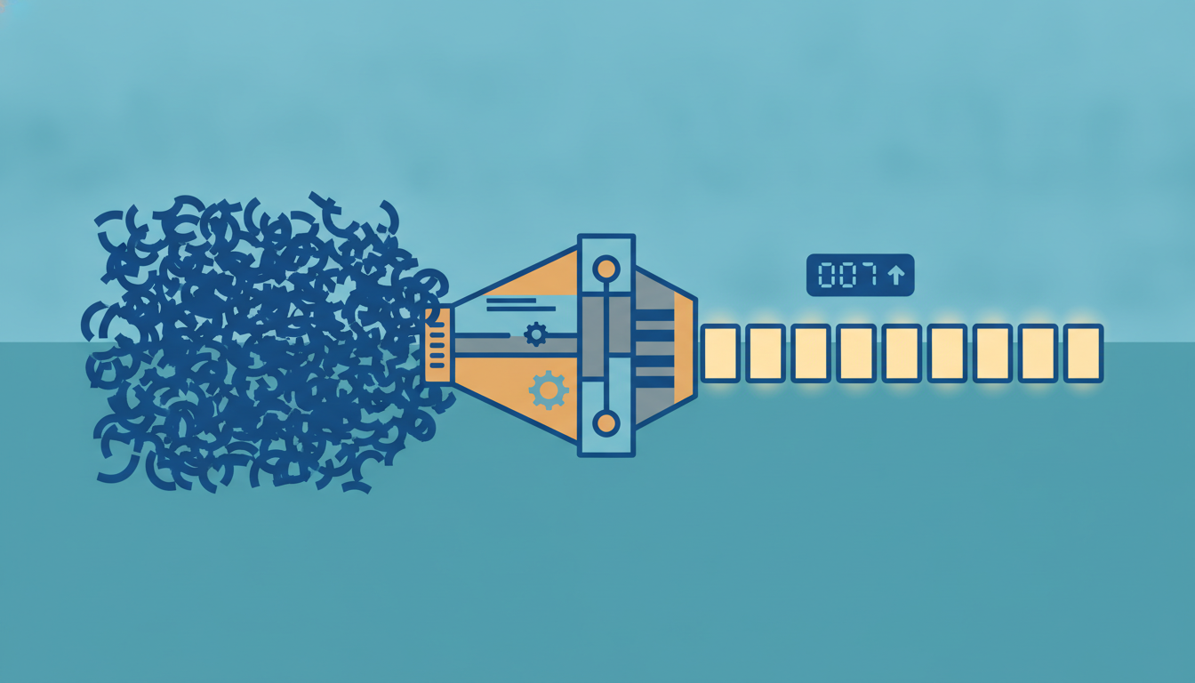 A paragraph of text being sliced by a machine into a row of identical glowing token blocks