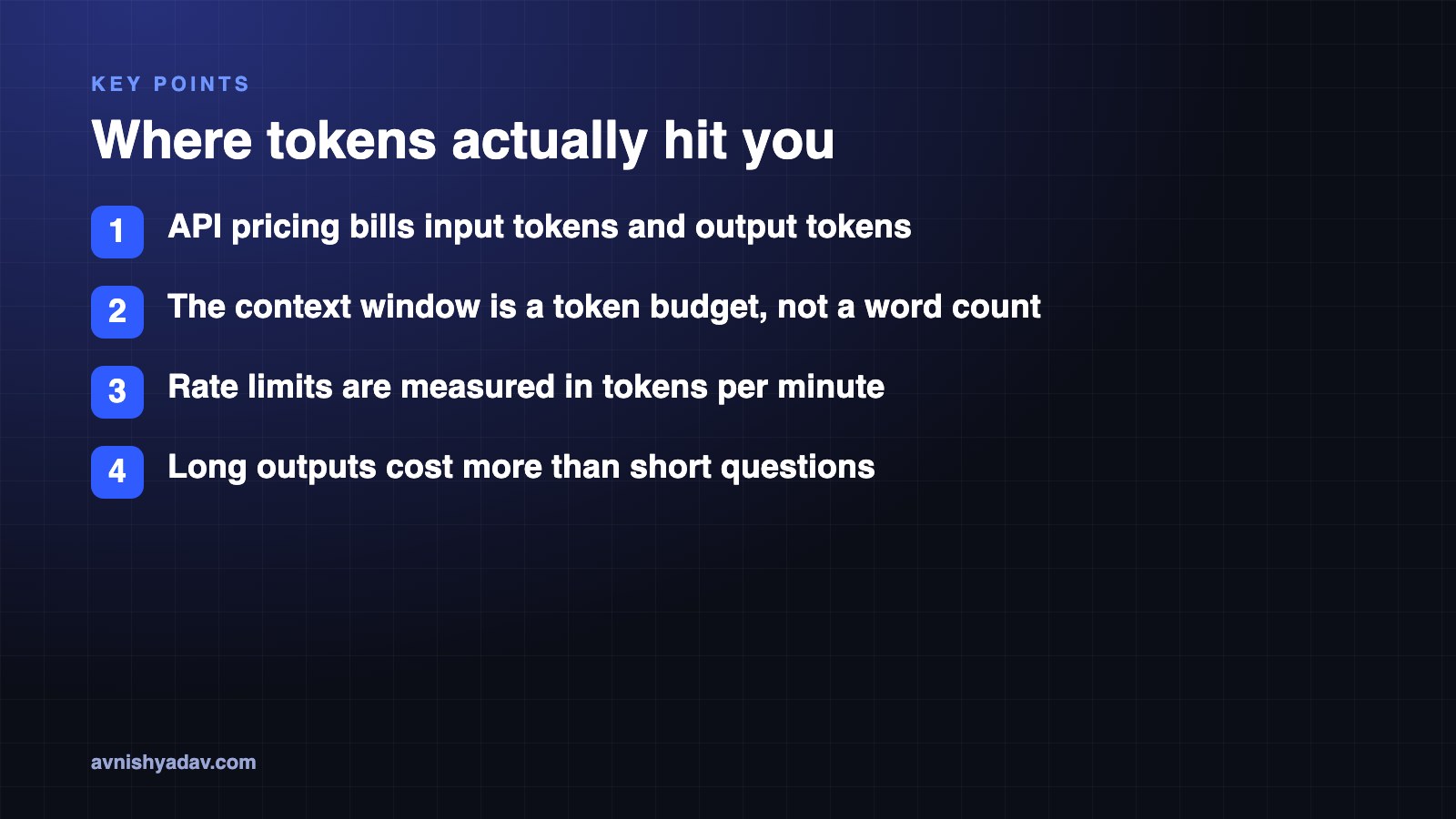 Four takeaway points about pricing, context window, rate limits and output tokens