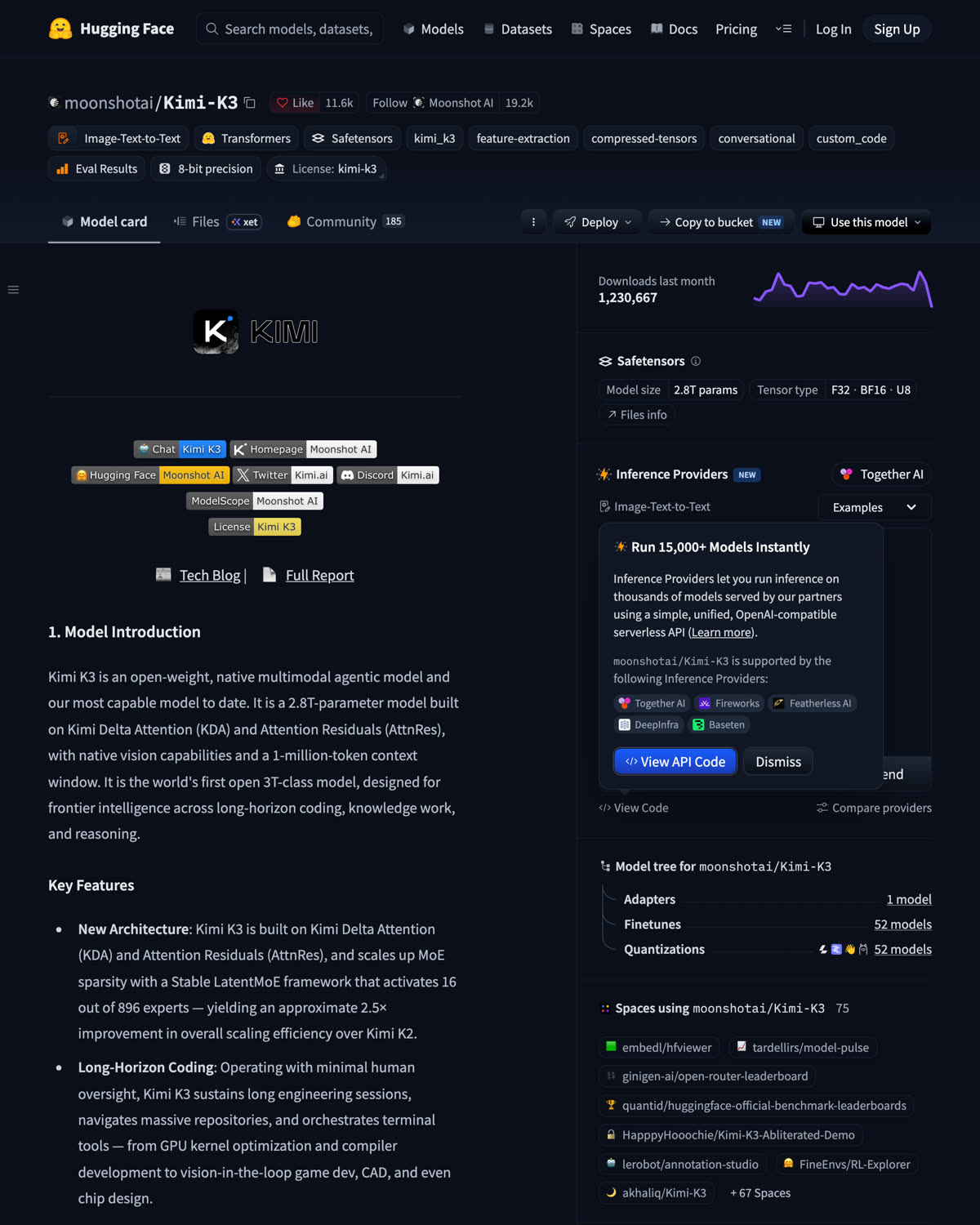 Kimi K3 model card showing the 1M-token context window