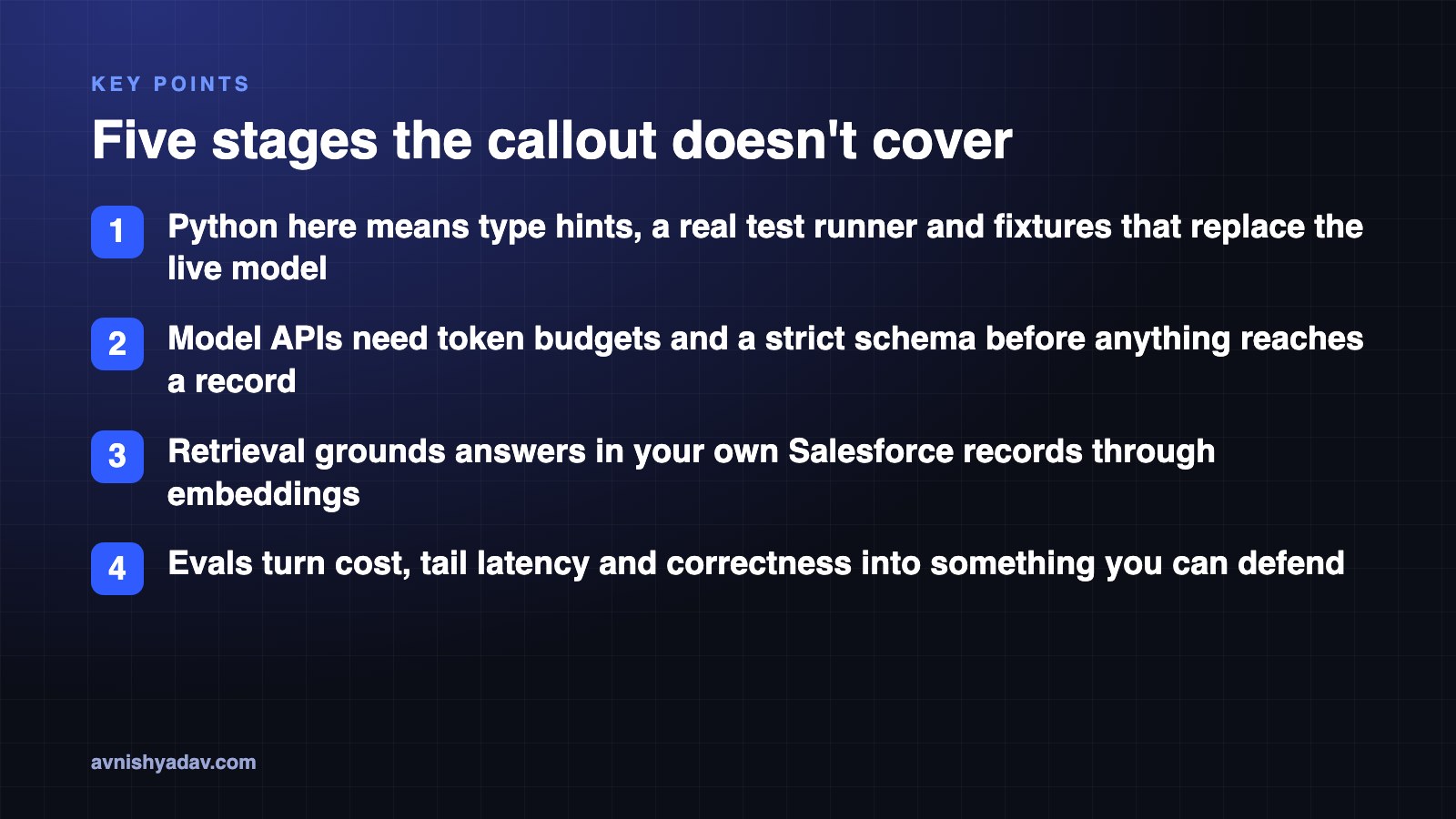 Four takeaway cards listing what the callout does not cover: Python testing, model APIs, retrieval and evals.
